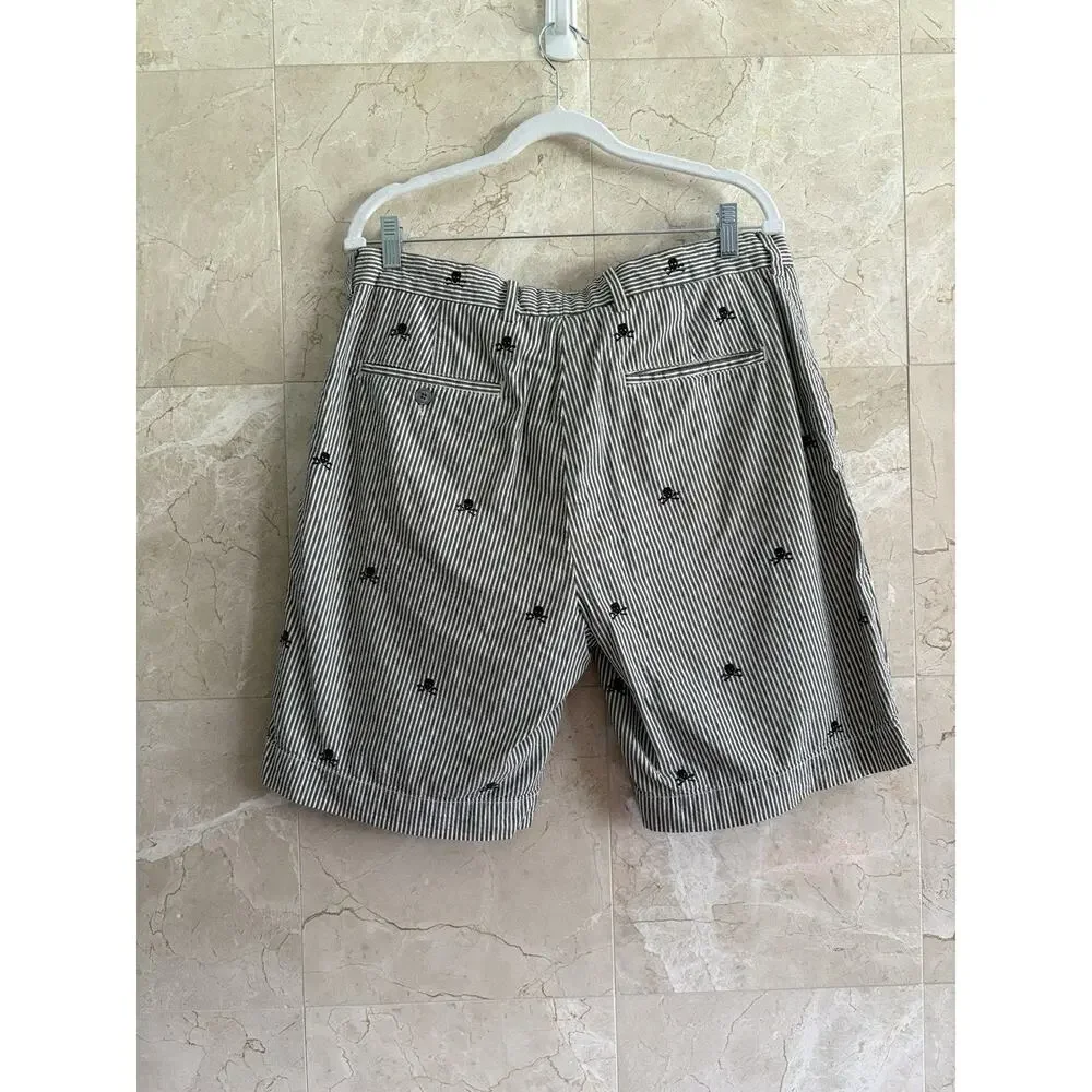Ralph Lauren Rugby Y2K Skull‑Embroidered Grey Seersucker Shorts 9” — Men’s Sz 34
